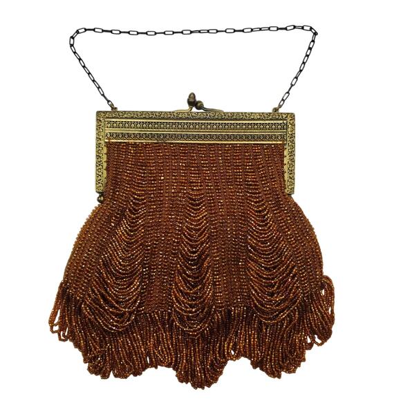 Art Deco Beaded Handbag 1920s Flapper Purse Vintage Bronze Chain Copper Fringe - Picture 1 of 10
